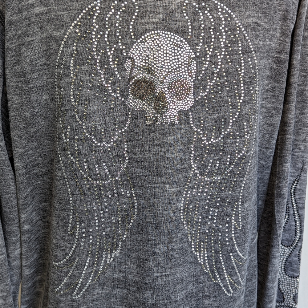 Gray Hoodie with skull/wing embellishments. Sixe XXL